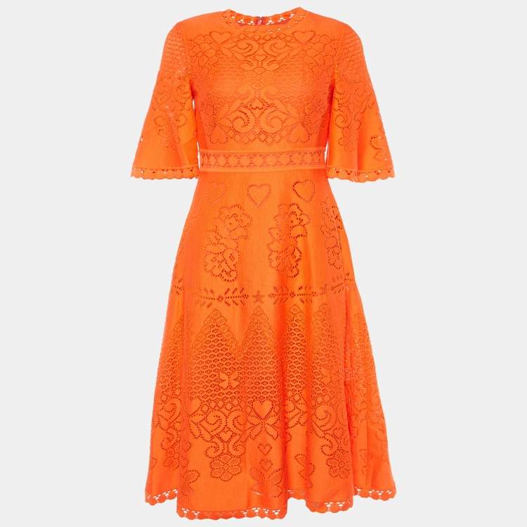 Pre Owned Valentino Orange Lace Short Dress S
