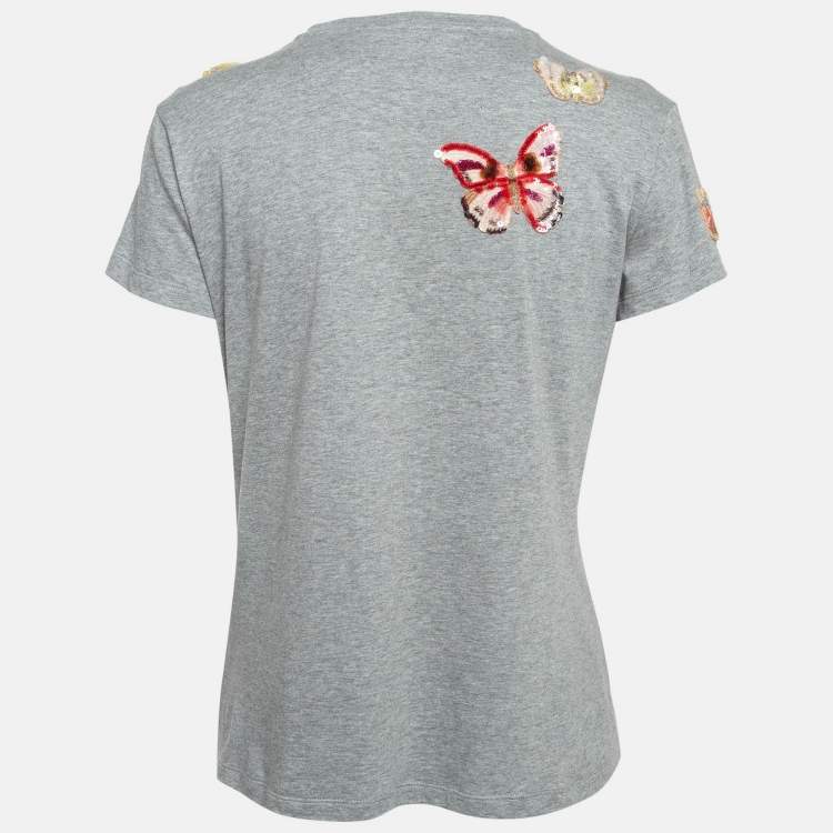 Pre Owned Valentino Grey Sequin Butterfly Applique Cotton T-Shirt S