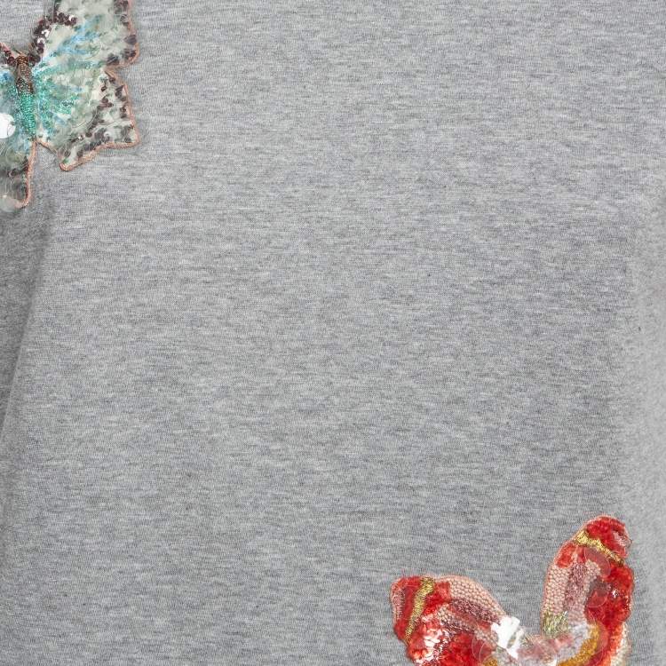Pre Owned Valentino Grey Sequin Butterfly Applique Cotton T-Shirt S