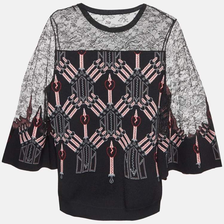 Pre Owned Valentino Black/Pink Lace Trim Knit Top M
