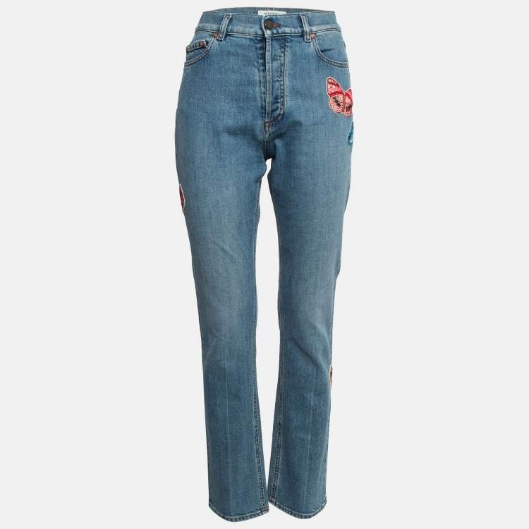 Pre Owned Valentino Blue Beaded Butterfly Applique Denim Jeans M Waist 28"