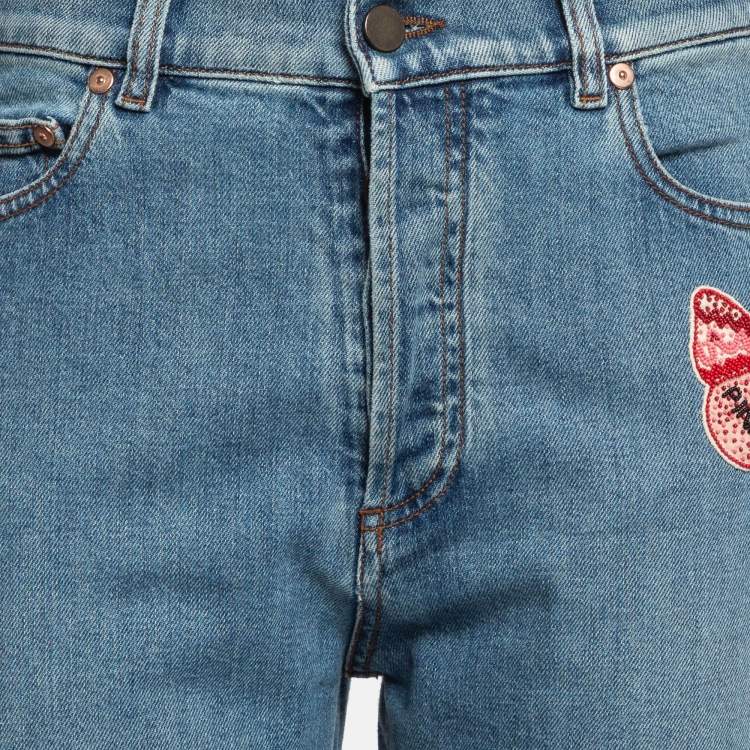 Pre Owned Valentino Blue Beaded Butterfly Applique Denim Jeans M Waist 28"