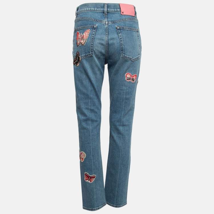 Pre Owned Valentino Blue Beaded Butterfly Applique Denim Jeans M Waist 28"