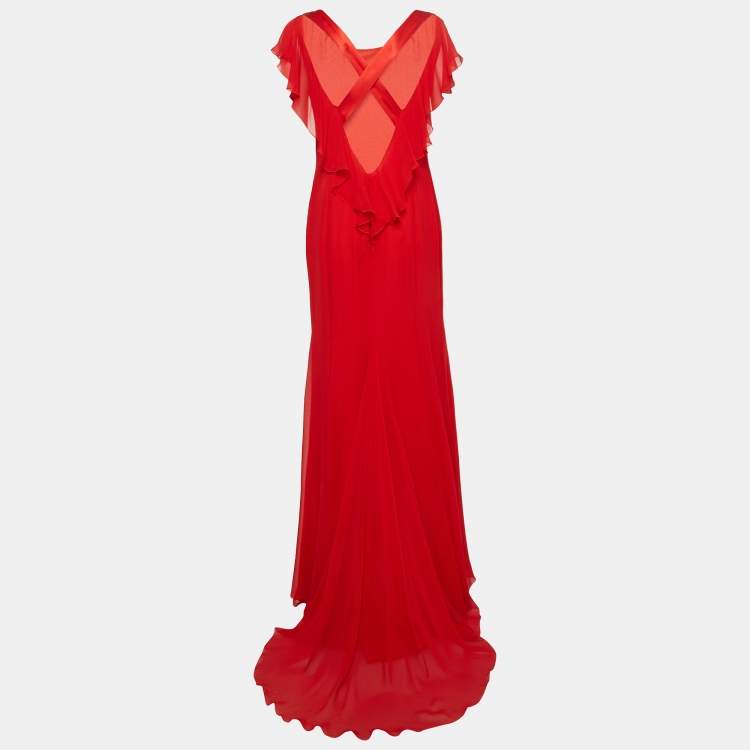 Pre Owned Valentino Red Silk Ruffled Maxi Dress L