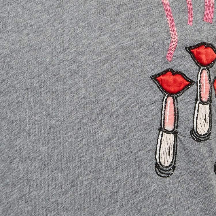 مملوكة مسبقًا Valentino Grey Embellished Cotton Knit Round Neck T-Shirt S