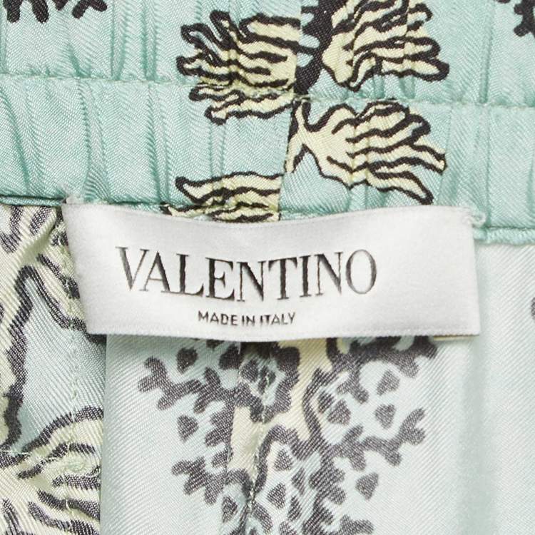 Pre Owned Valentino Turquoise/Yellow Printed Silk Straight Pants L