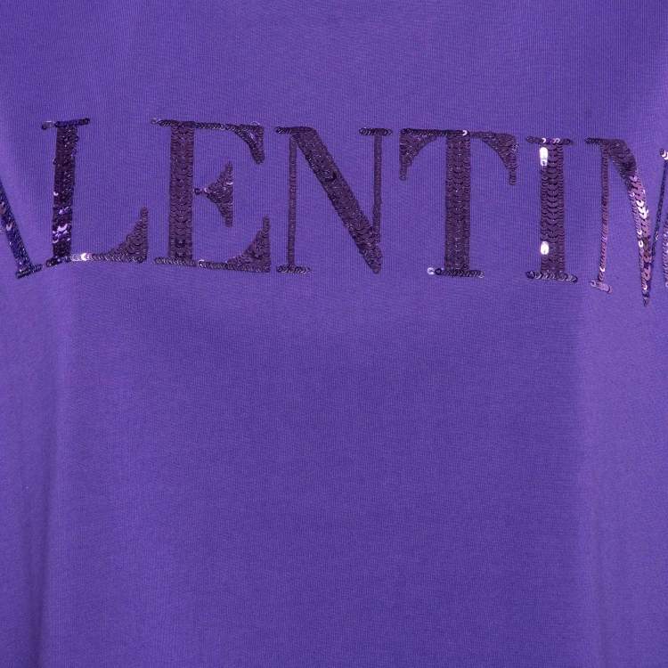 Pre Owned Valentino Purple Sequin Embroidered Jersey Oversized Crop T-Shirt M