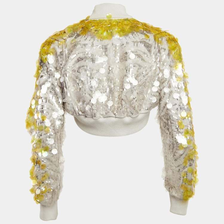 Pre Owned Valentino Yellow/Grey Sequin Embellished Cotton Crop Jacket S