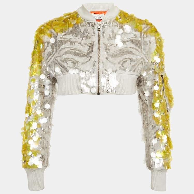 Pre Owned Valentino Yellow/Grey Sequin Embellished Cotton Crop Jacket S