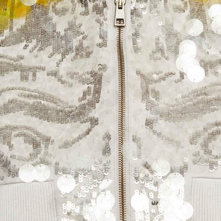 Pre Owned Valentino Yellow/Grey Sequin Embellished Cotton Crop Jacket S