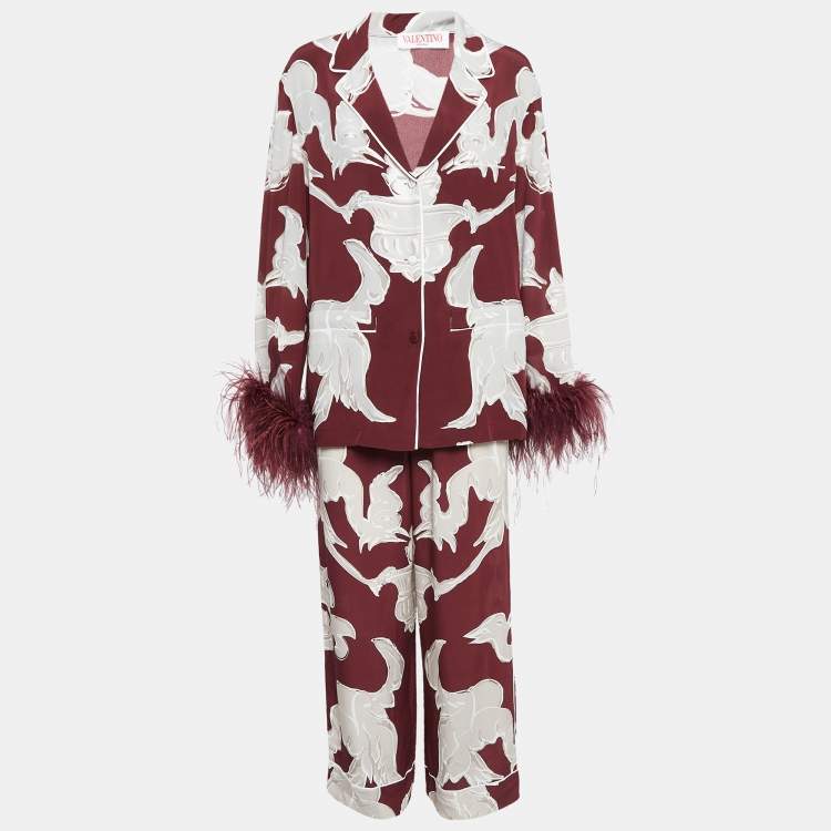 Pre Owned Valentino Burgundy Printed Silk and Ostrich Feather Pyjama Shirt and Pants Set L