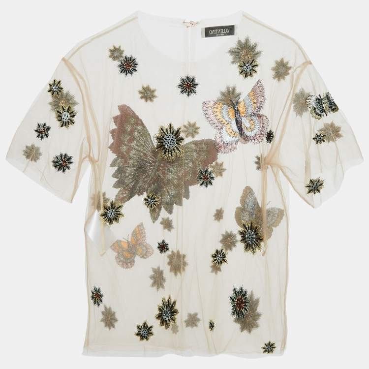 مملوكة مسبقًا Valentino Beige Butterfly Embroidered Mesh Sheer Top S