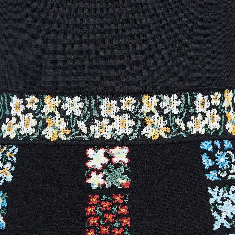 Pre Owned Valentino Black Floral Patterned Knit Flared Midi Dress M