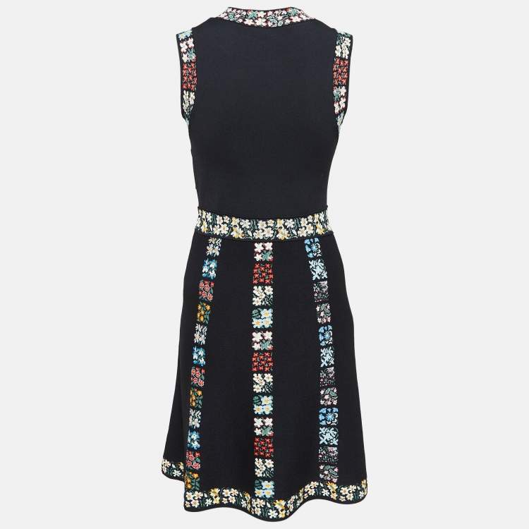 Pre Owned Valentino Black Floral Patterned Knit Flared Midi Dress M