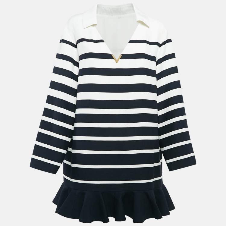 Pre Owned Valentino Navy Blue/White Stripe Wool Blend Ruffled Mini Dress M