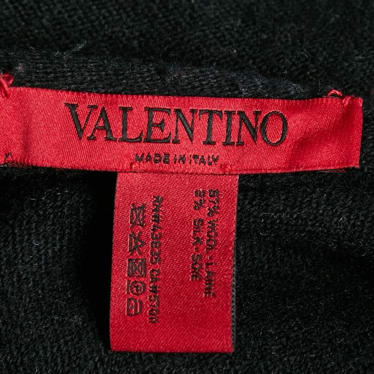 Pre Owned Valentino Black Logo Intarsia Wool Knit Tasseled Poncho One Size