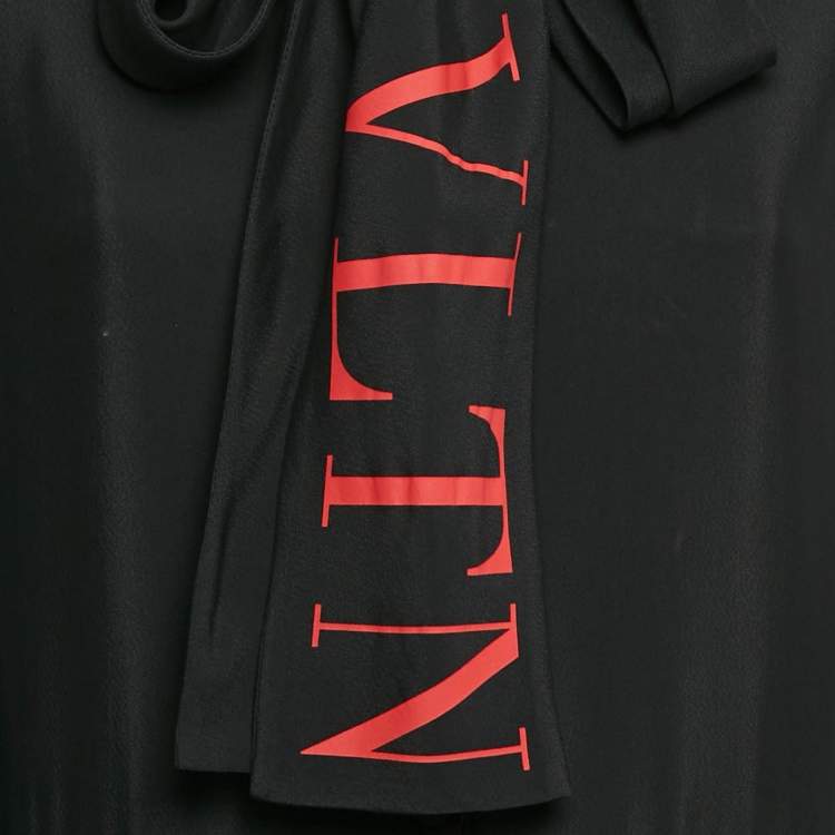 Pre Owned Valentino Black VLTN Print Crepe Pleated Midi Dress S