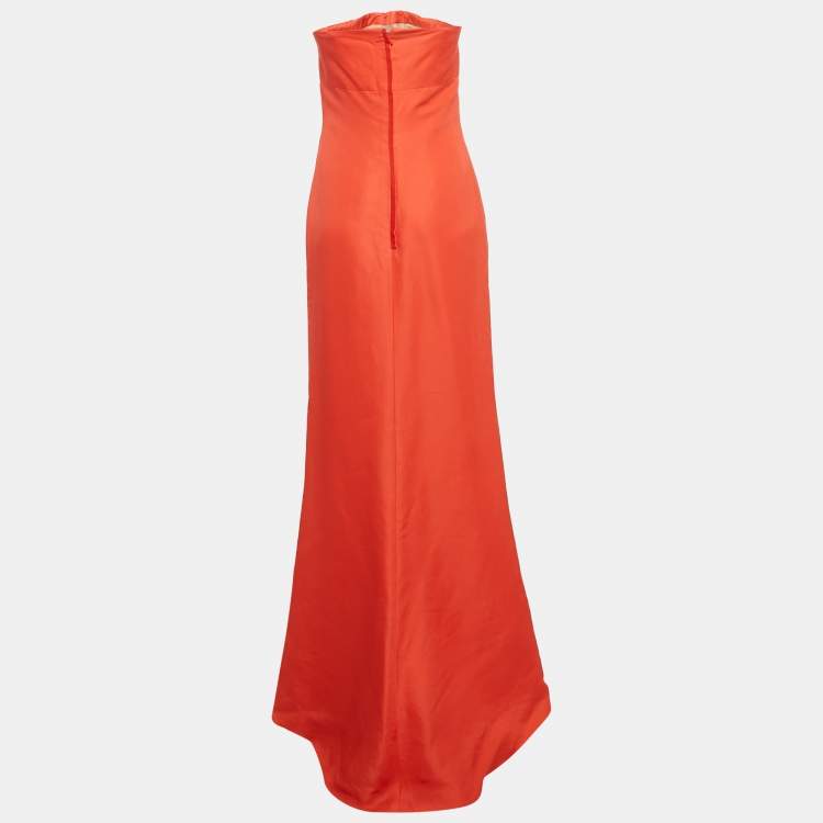 Pre Owned Valentino Coral Orange Silk Strapless Maxi Dress M