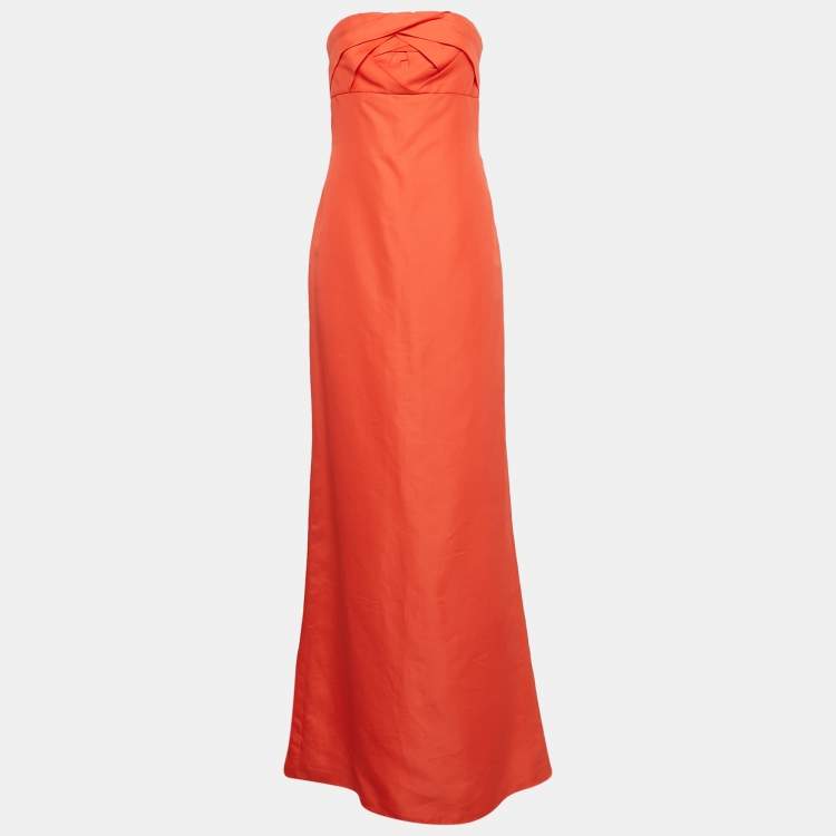 Pre Owned Valentino Coral Orange Silk Strapless Maxi Dress M