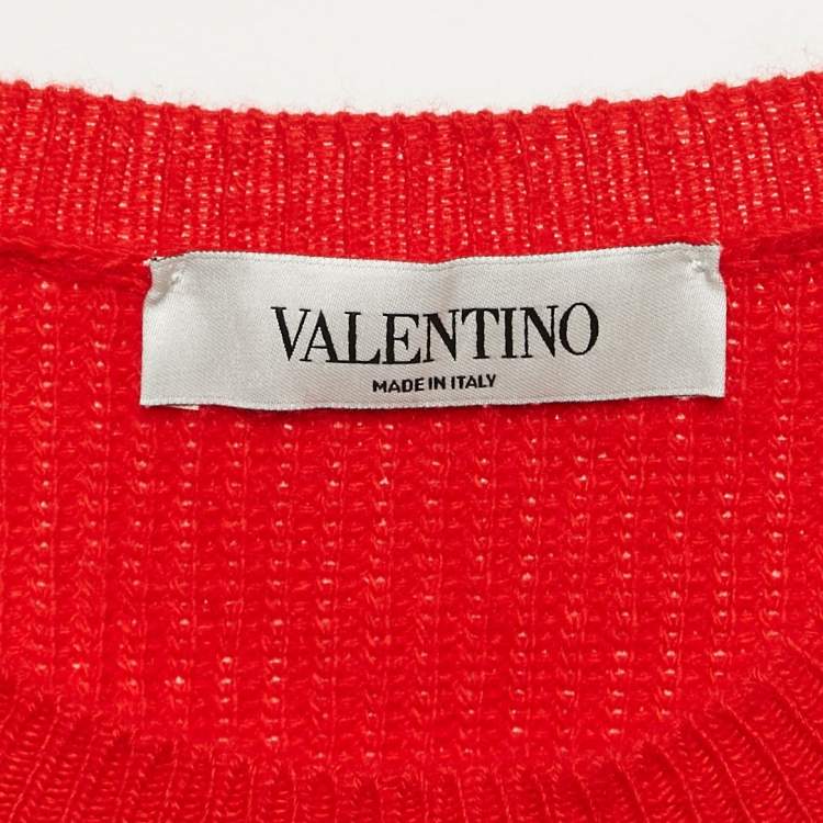 Pre Owned Valentino Red Rib Knit Wool Blend Balloon Sleeve Sweater M