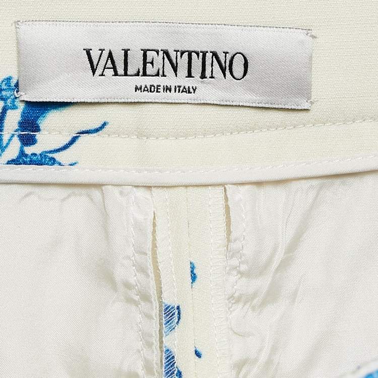 Pre Owned Valentino Blue Floral Print Wool Blend Wide-Leg Trousers S