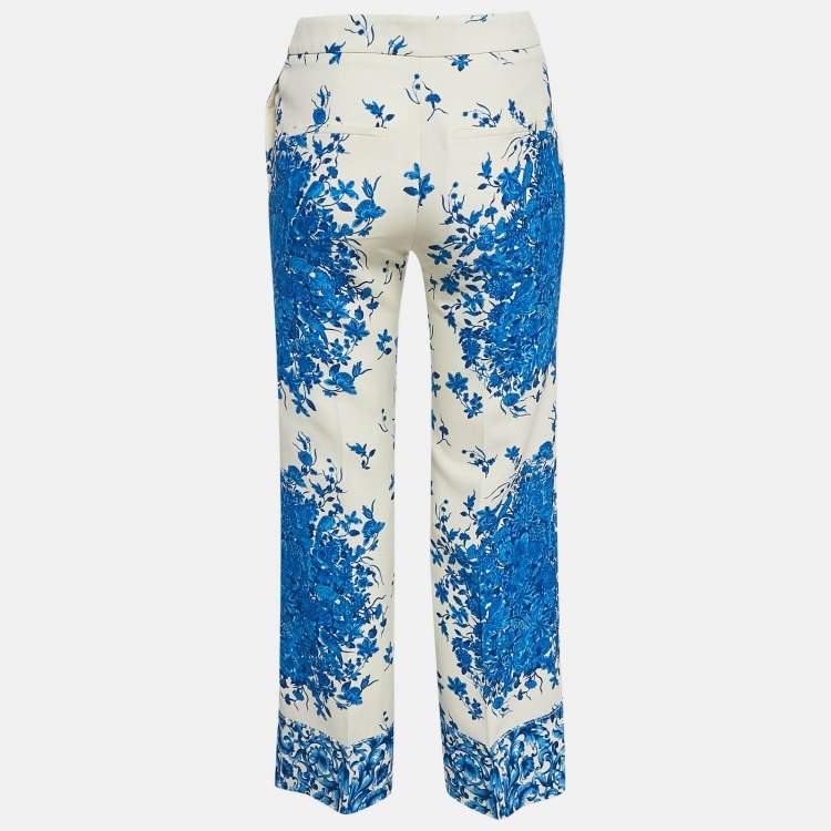 Pre Owned Valentino Blue Floral Print Wool Blend Wide-Leg Trousers S