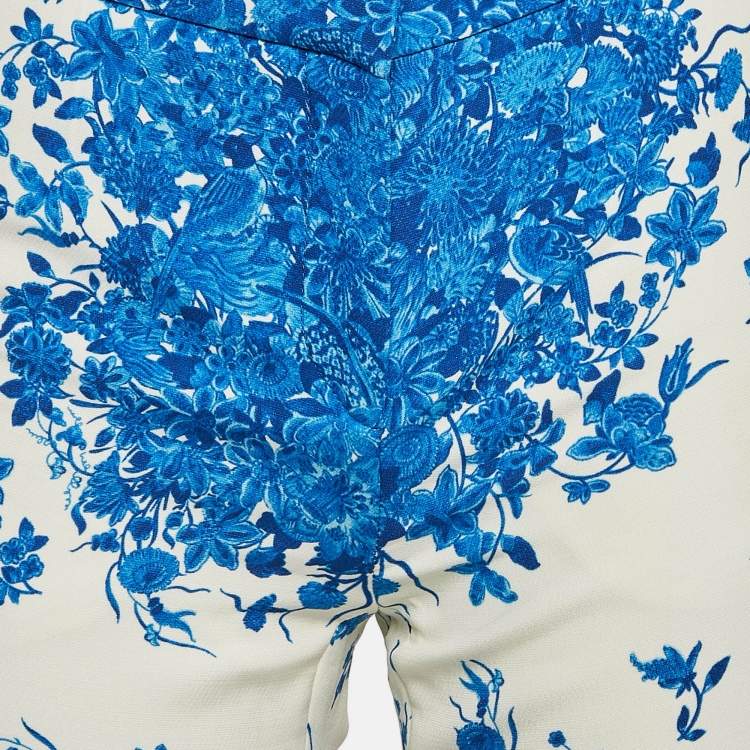 Pre Owned Valentino Blue Floral Print Wool Blend Wide-Leg Trousers S