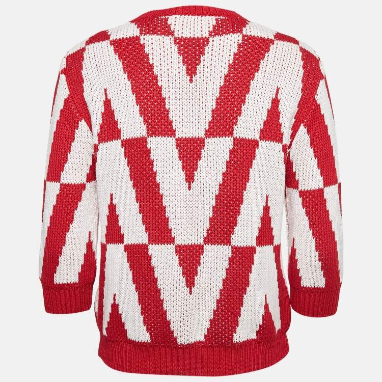 Pre Owned Valentino Red/White V Pattern Knit Sweater L
