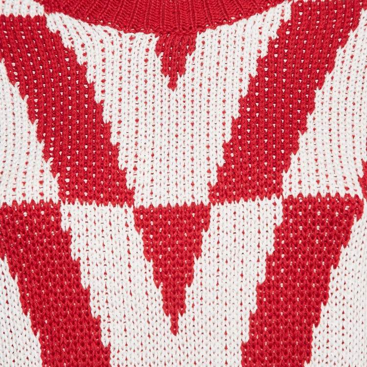 Pre Owned Valentino Red/White V Pattern Knit Sweater L