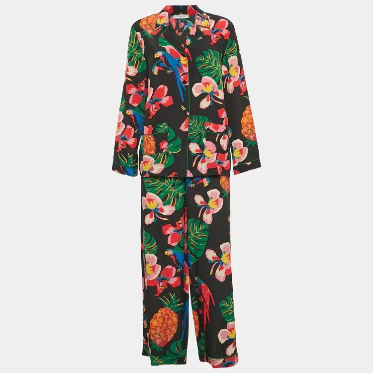 Pre Owned Valentino Black Tropical Print Silk Shirt and Pants M