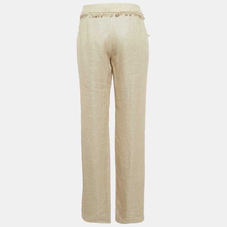 Pre Owned Valentino Beige Linen Fringed Trousers L