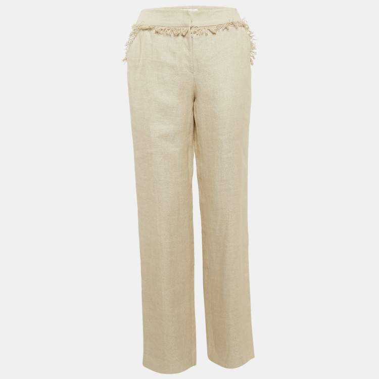 Pre Owned Valentino Beige Linen Fringed Trousers L