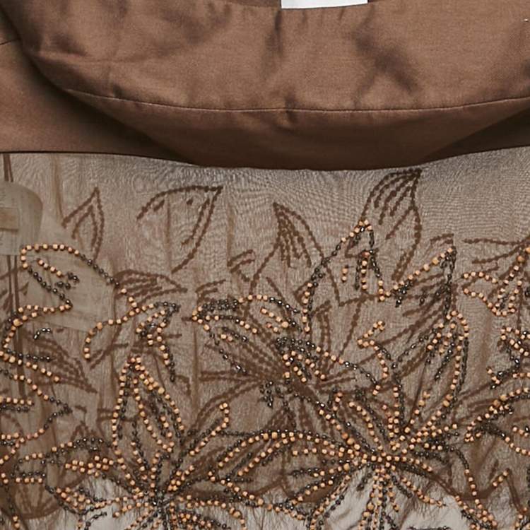 Pre Owned Valentino Brown Beaded Embroidered Silk Strappy Top S