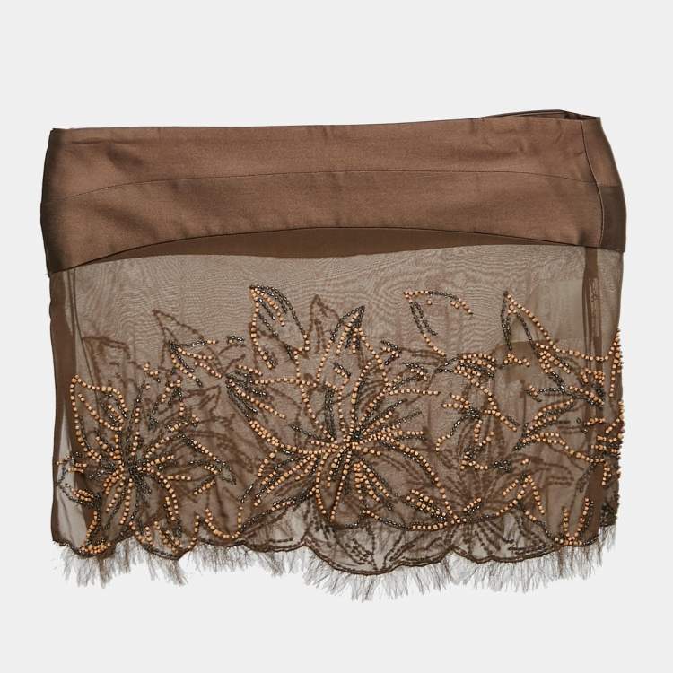 Pre Owned Valentino Brown Beaded Embroidered Silk Strappy Top S