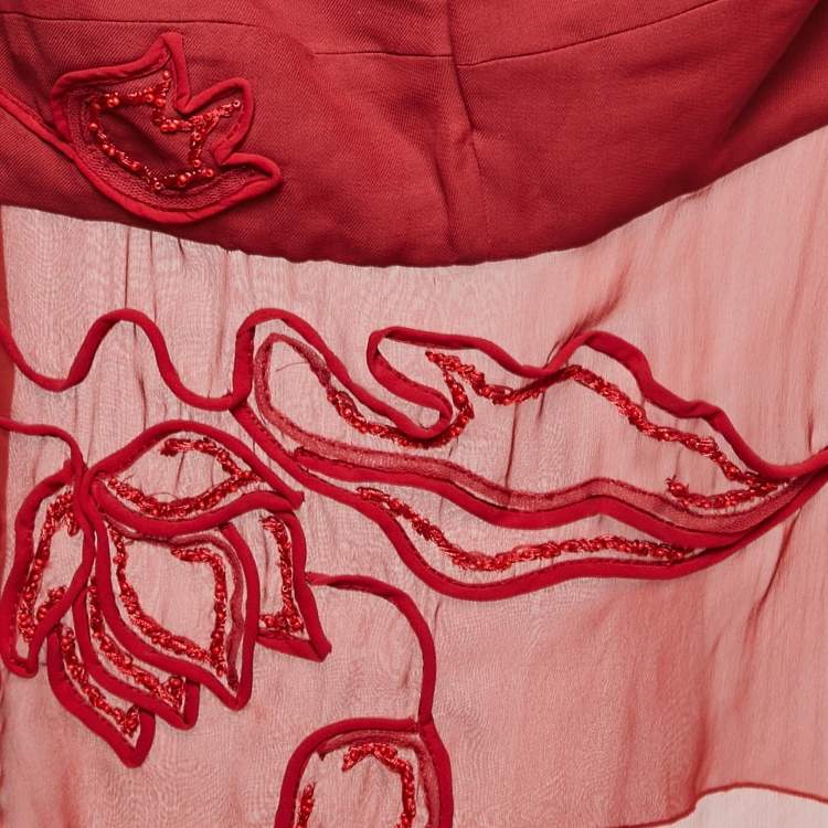 Pre Owned Valentino Red Embroidered Silk and Crepe Strappy Top L