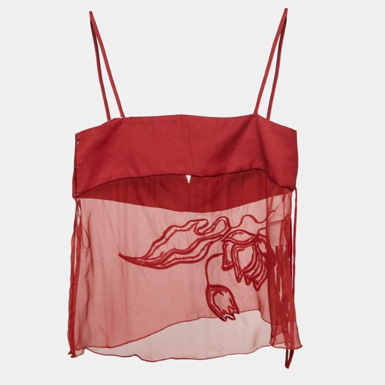 Pre Owned Valentino Red Embroidered Silk and Crepe Strappy Top L