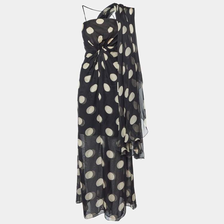 Pre Owned Valentino Black Polka Dot Print Silk Asymmetric Dress L