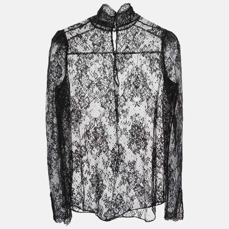 Pre Owned Valentino Black Lace Sheer Full Sleeve Blouse L 