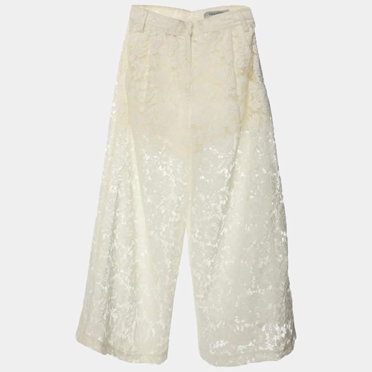 Pre Owned Valentino Cream Lace Wide Leg Trouser XS