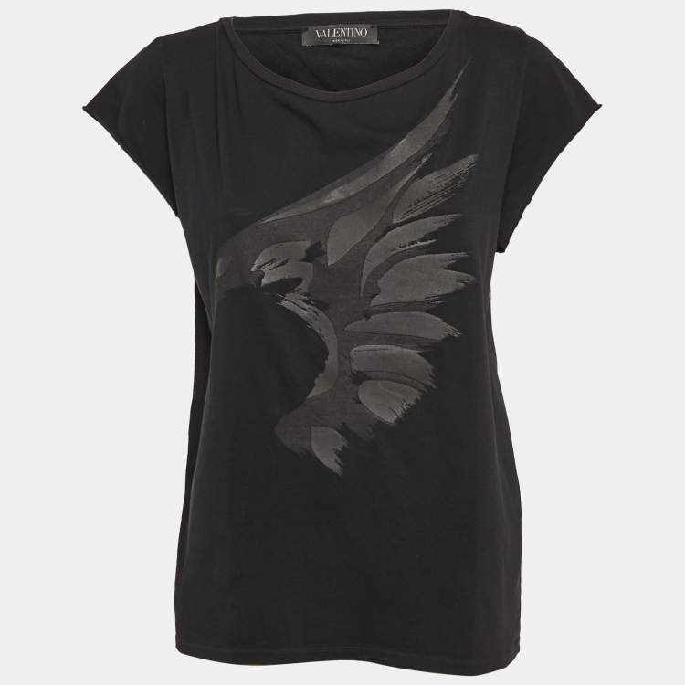 Pre Owned Valentino Black Eagle Print Jersey Cap Sleeve T-Shirt L