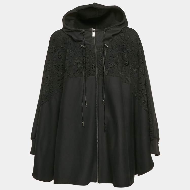 Pre Owned Valentino Black Lace Trim Cotton Knit Hooded Poncho M