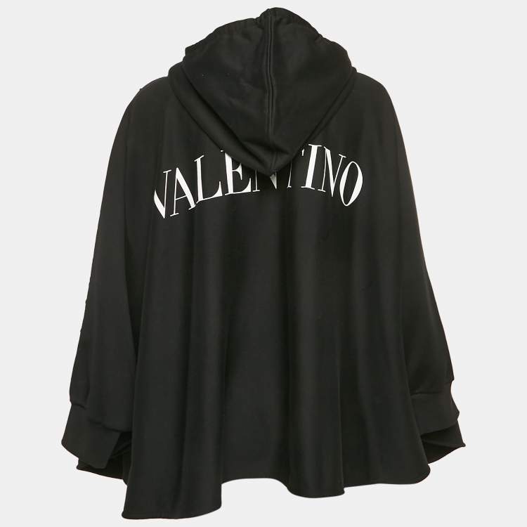 Pre Owned Valentino Black Lace Trim Cotton Knit Hooded Poncho M