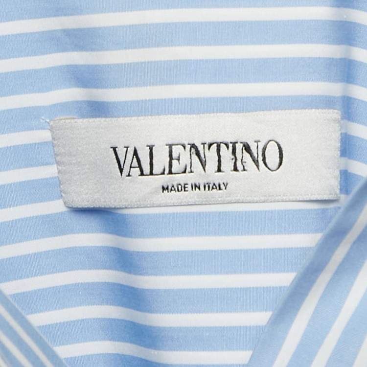Pre Owned Valentino Blue Stripe Poplin Embellished Bell Sleeve Tunic Shirt M