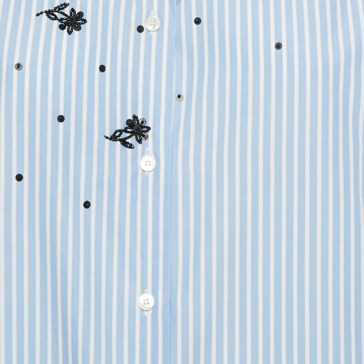 Pre Owned Valentino Blue Stripe Poplin Embellished Bell Sleeve Tunic Shirt M