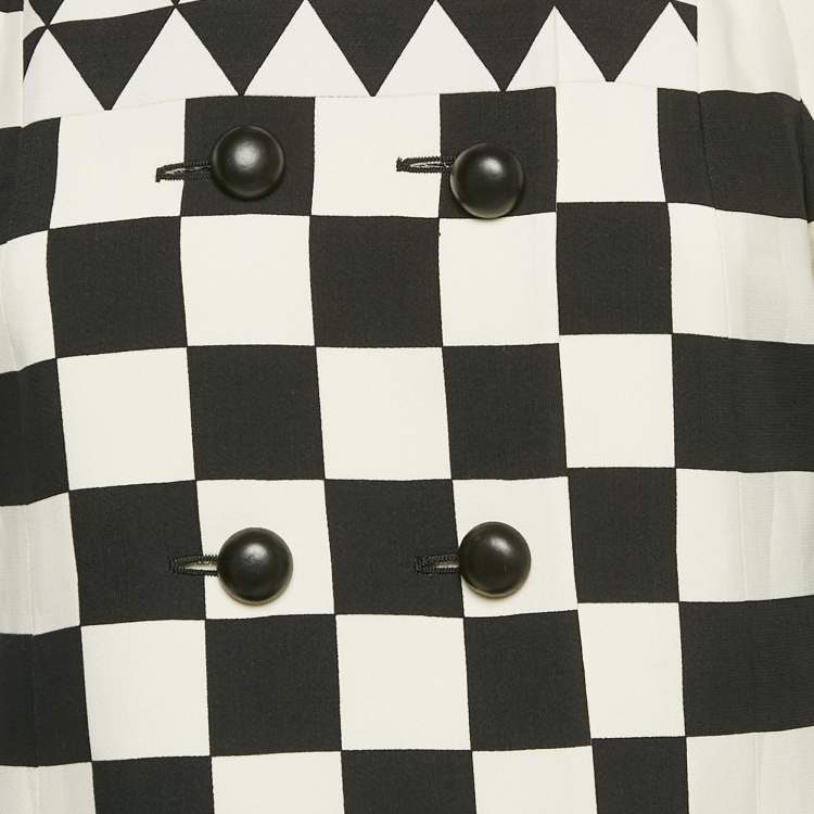 Pre Owned Valentino Black/White Geometric Print Wool Blend Double Breasted Couture Dress M