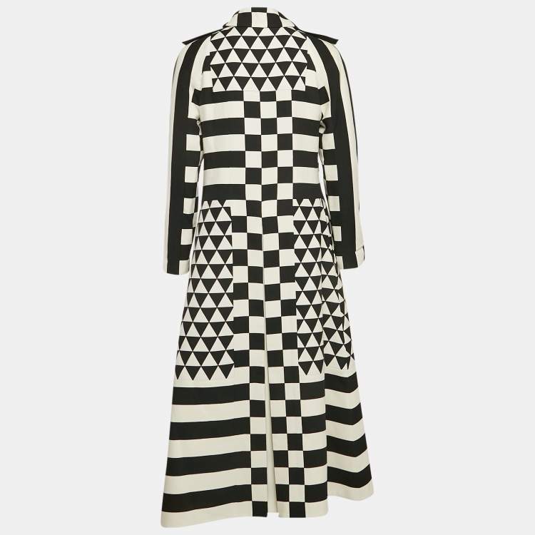 Pre Owned Valentino Black/White Geometric Print Wool Blend Double Breasted Couture Dress M