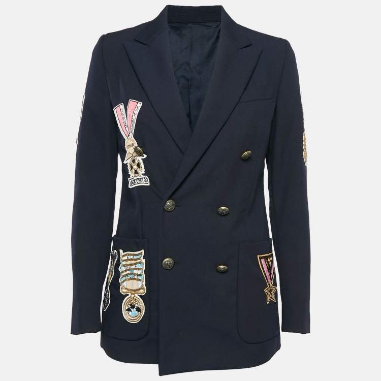 مملوكة مسبقًا Valentino Navy Blue Badge Applique Wool Double Breasted Blazer S