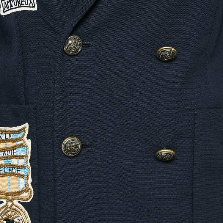 مملوكة مسبقًا Valentino Navy Blue Badge Applique Wool Double Breasted Blazer S