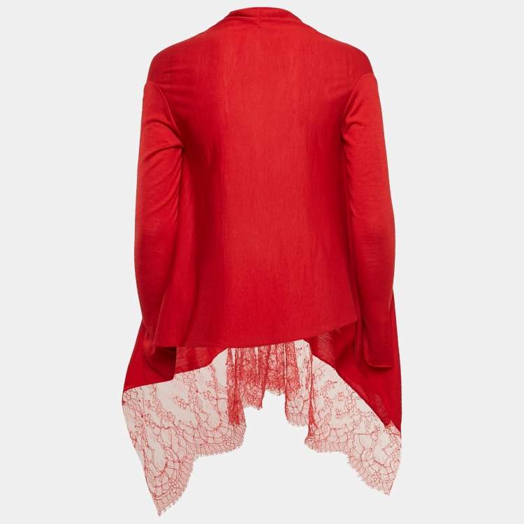 Pre Owned Valentino Red Red Lace Trim Knit Asymmetric Cardigan S