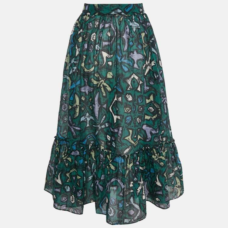 Pre Owned Valentino Green Graffiti Print Cotton Flounce Midi Skirt M